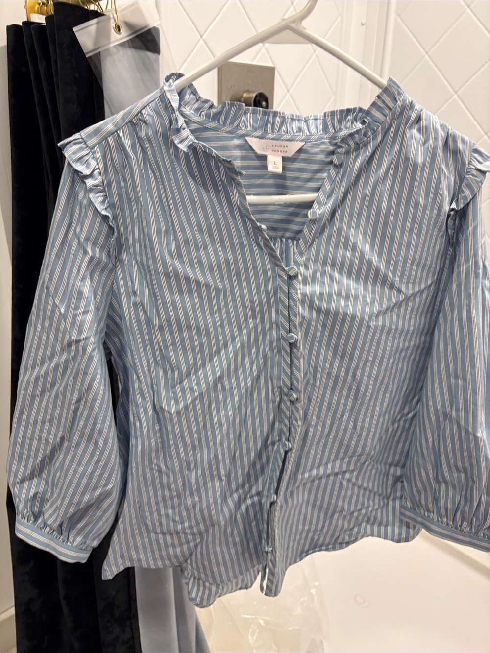 Striped Light Blue Ruffle Collar Button-Front Blouse